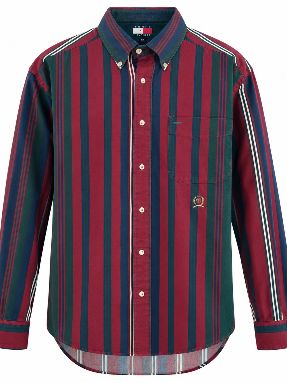 Vintage 90s Tommy Hilfiger Striped Crest Button Down Shirt M 100% Cotton